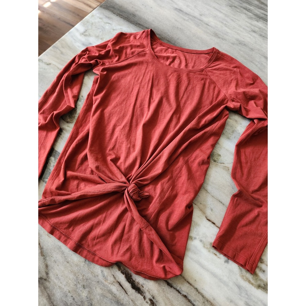 Lululemon Long Sleeve Top Terracotta Red Raglan Front Knot Size 6 - Picture 2 of 8